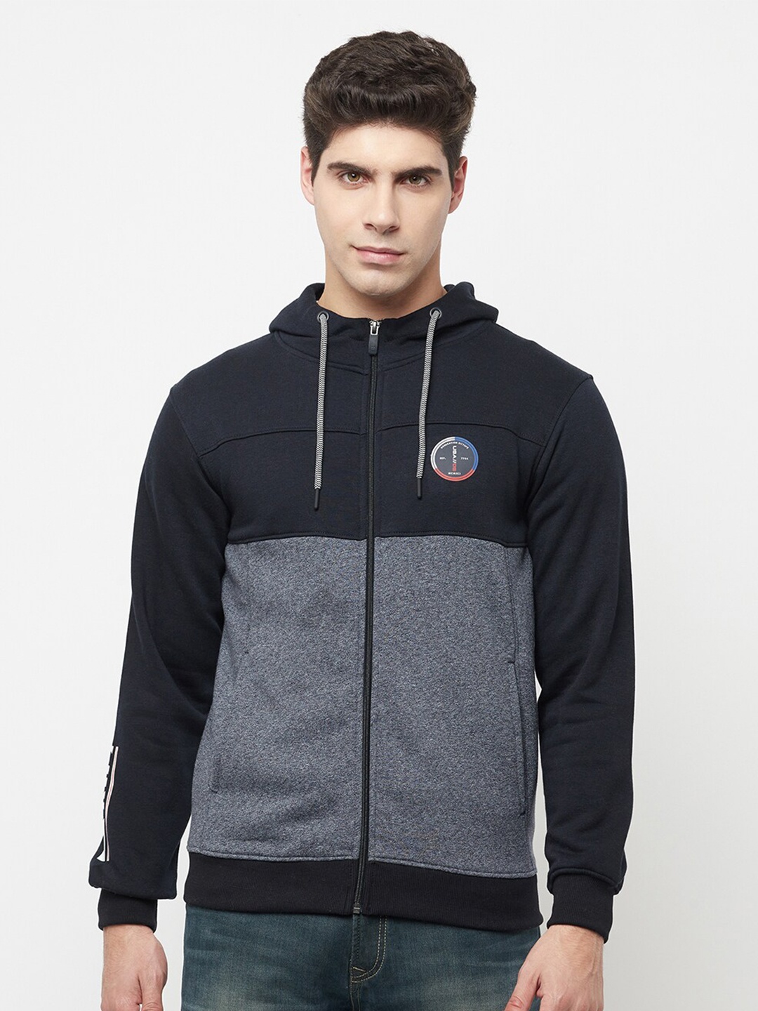 

Octave Men Navy Blue Colourblocked Hooded Cotton Fleece Sweatshirt