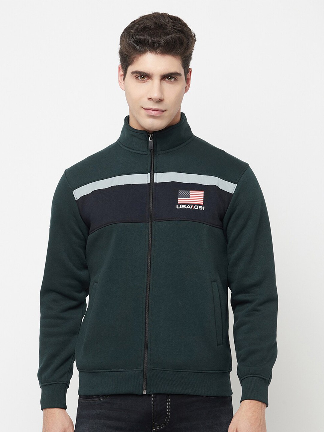 

Octave Men Green Striped Cotton Fleece Sweatshirt