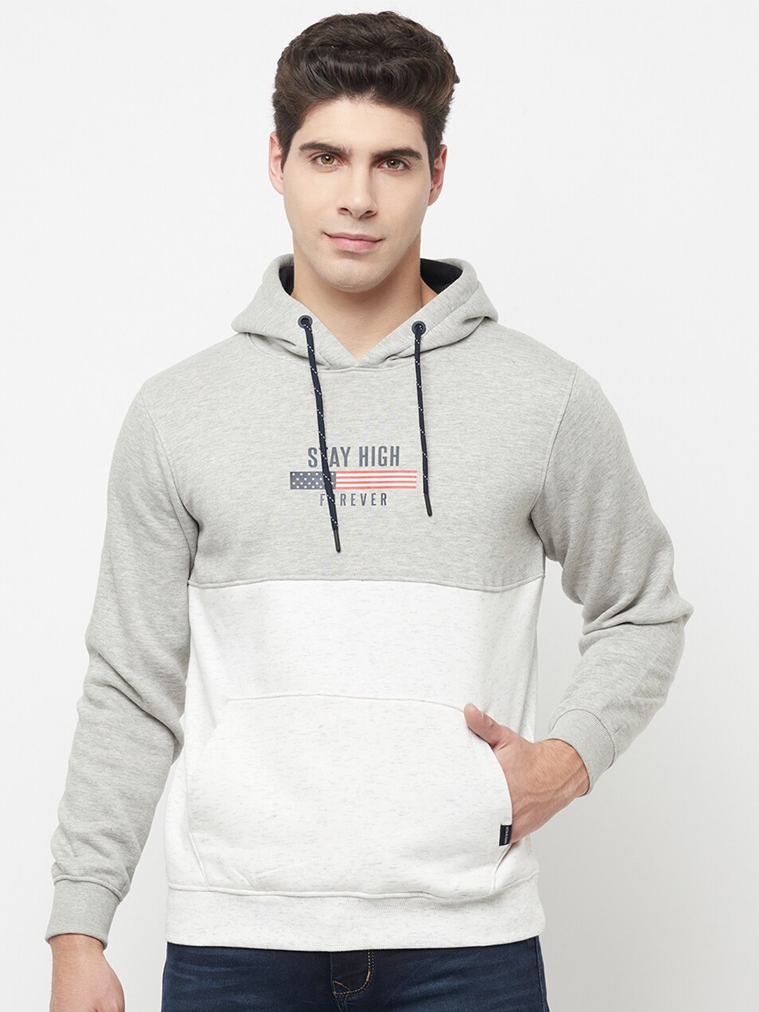 

Octave Men Grey Melange & White Colourblocked Hooded Sweatshirt