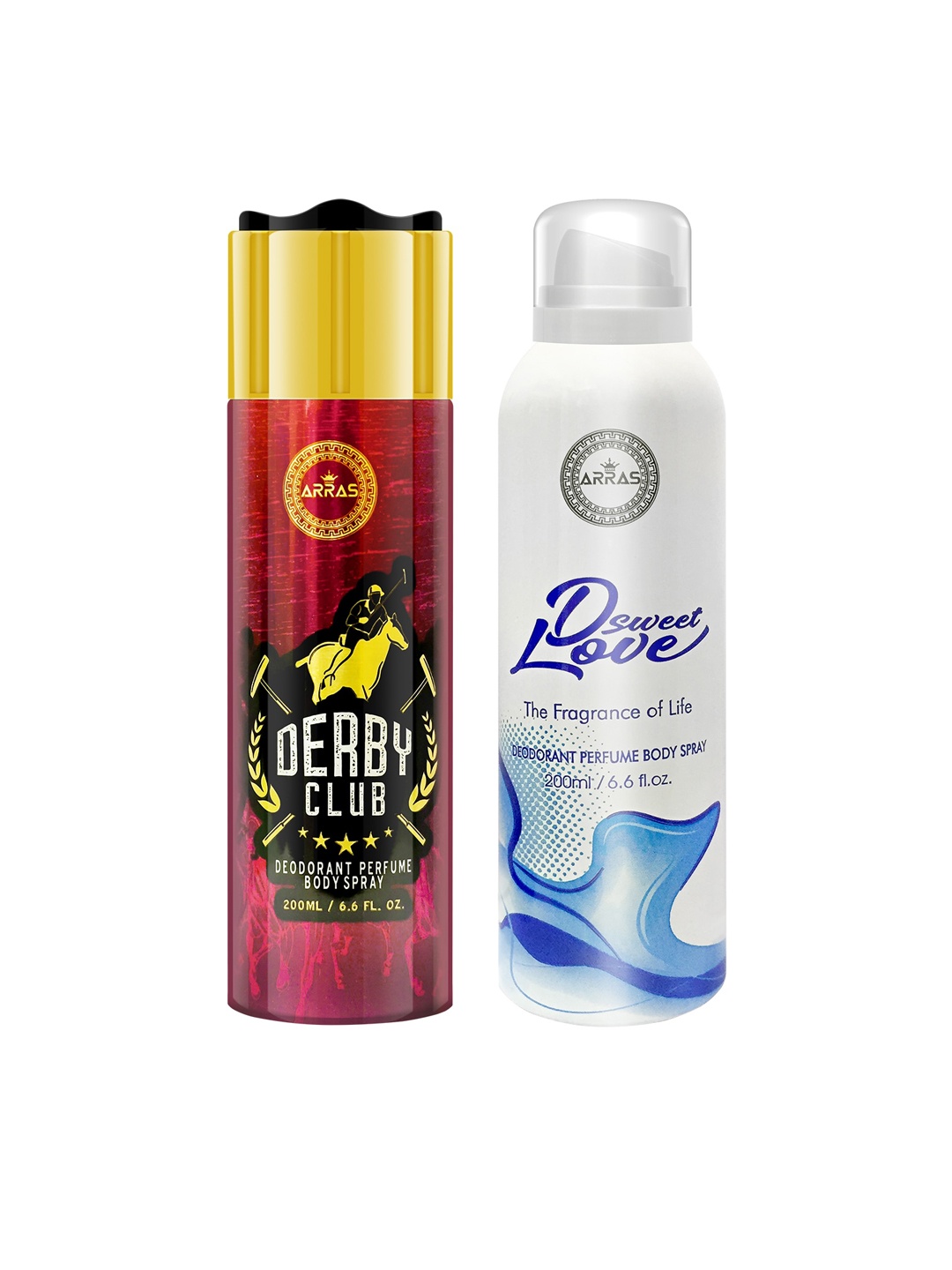 

Arras Pack of 2 Derby Club & D Sweet Love Blue deodorant Body Spray, 200ml Each, Maroon