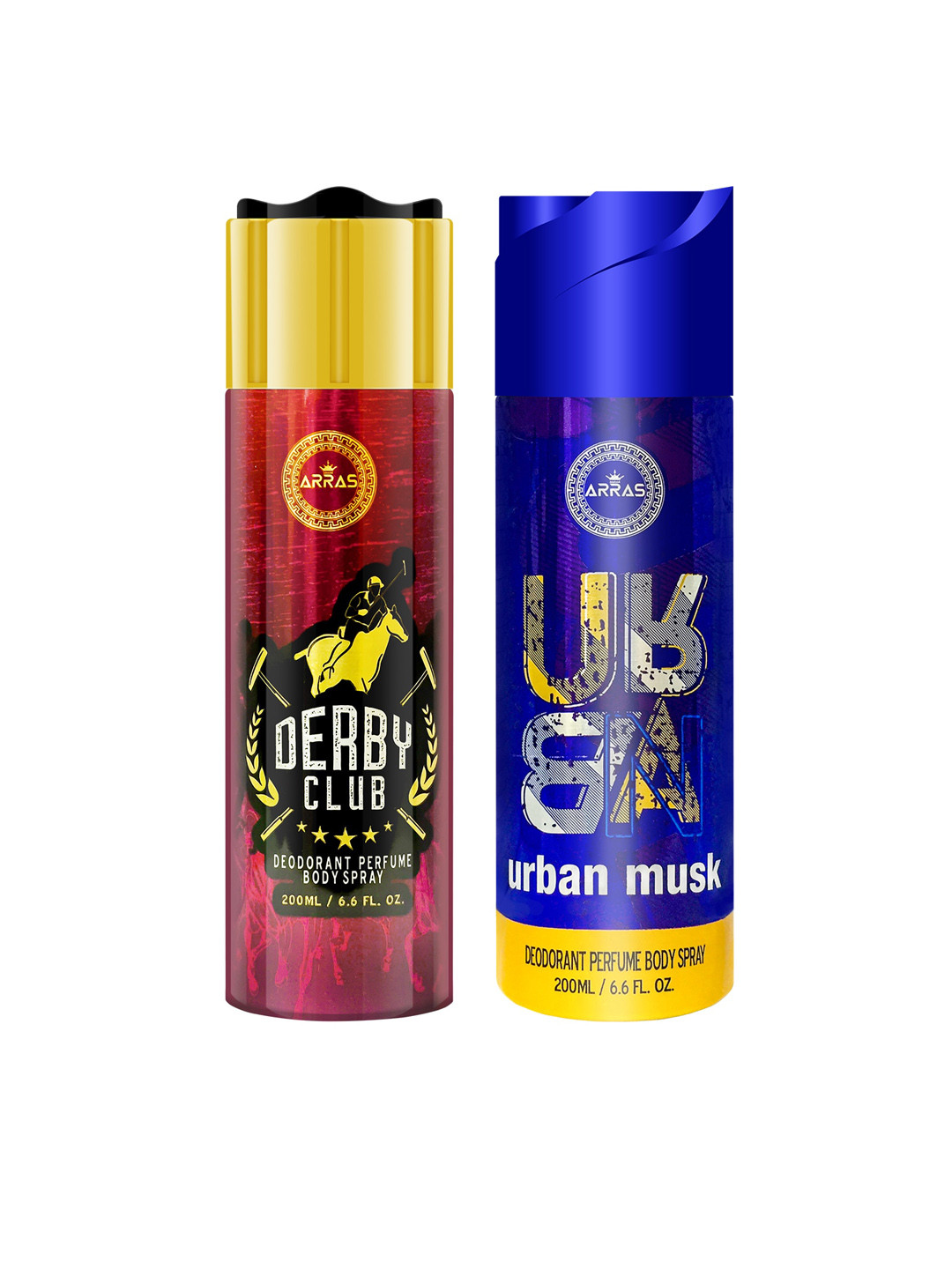 

Arras Set of 2 Derby Club & Urban Musk Deodorant Body Spray 200ml, Maroon