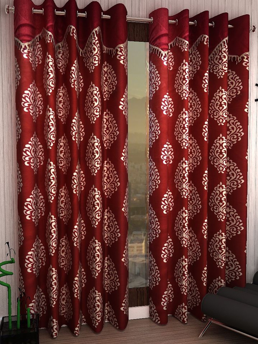 

Home Sizzler Set Of 2 Maroon & White Ethnic Motifs Door Curtain