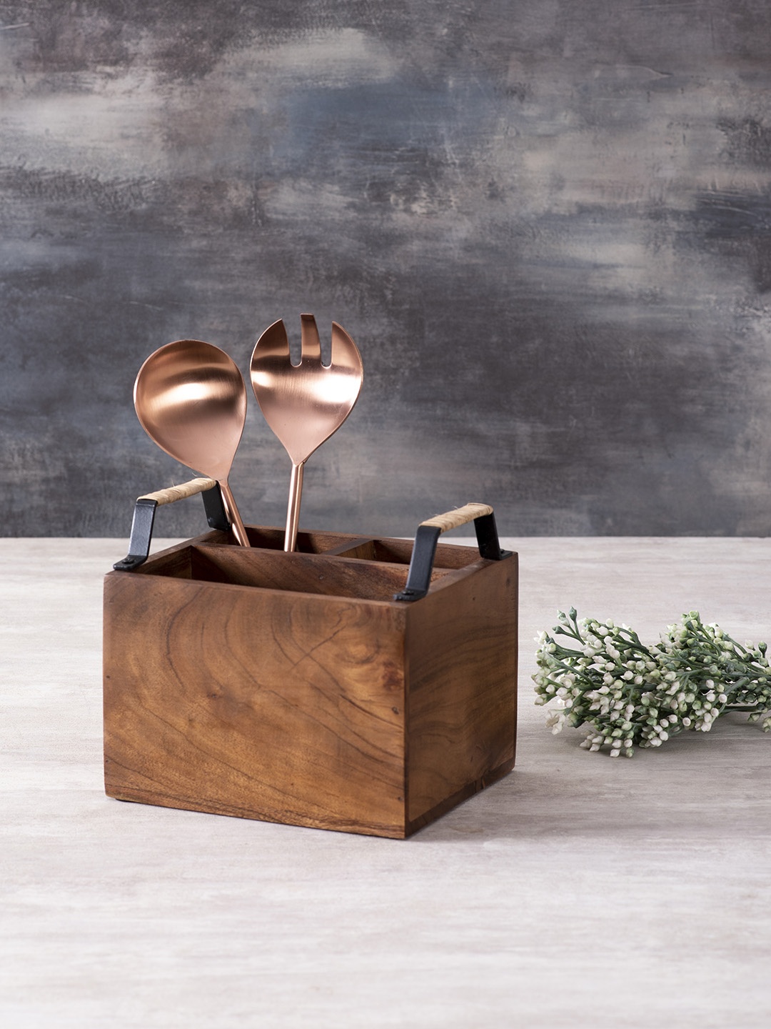 

nestroots Brown Wood Cutlery Holder 3 Section with Gold Tone Salad Servers
