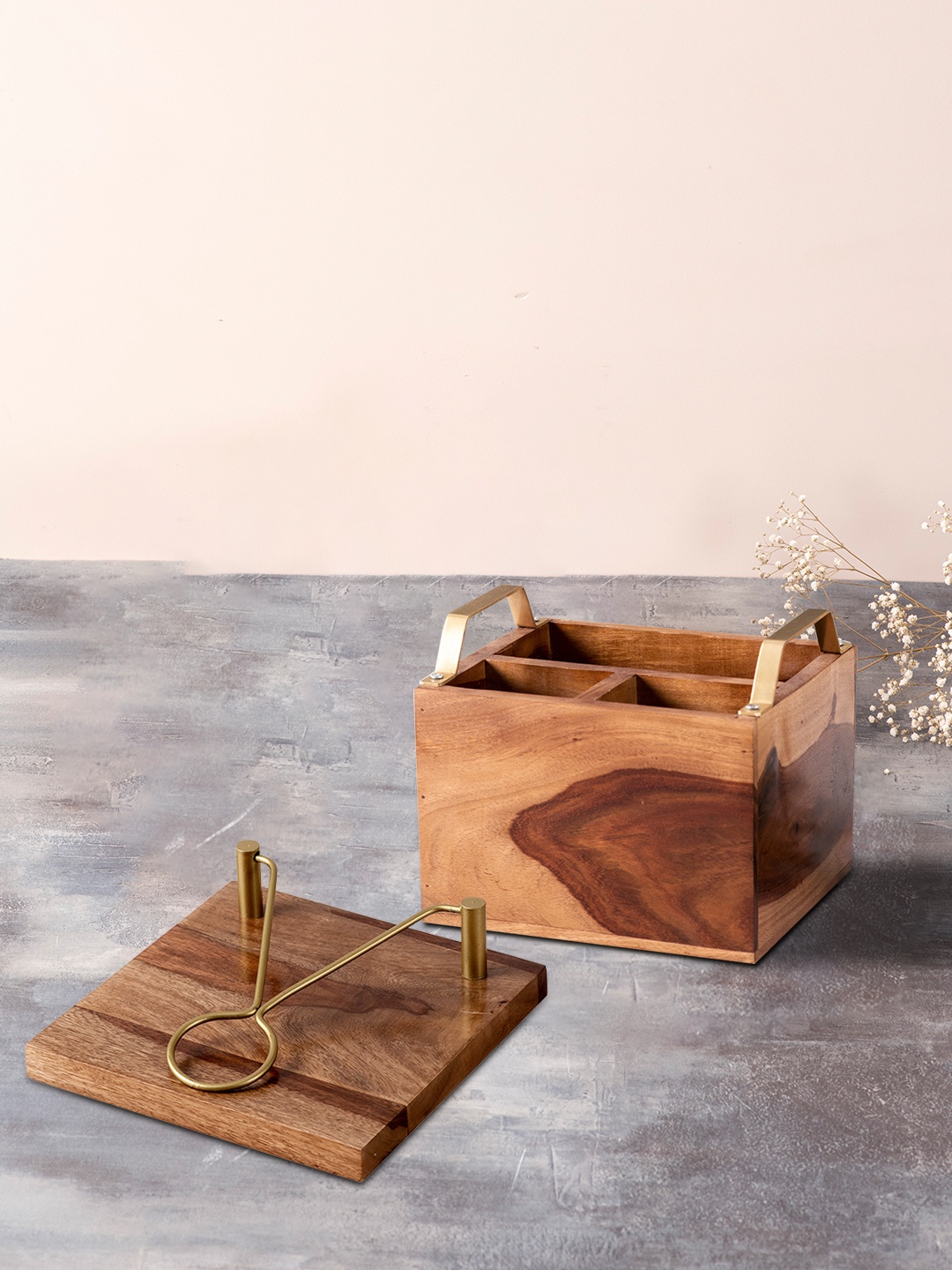 

nestroots Set Of 2 Brown Solid Wooden Cutlery & Tissue Holder Set