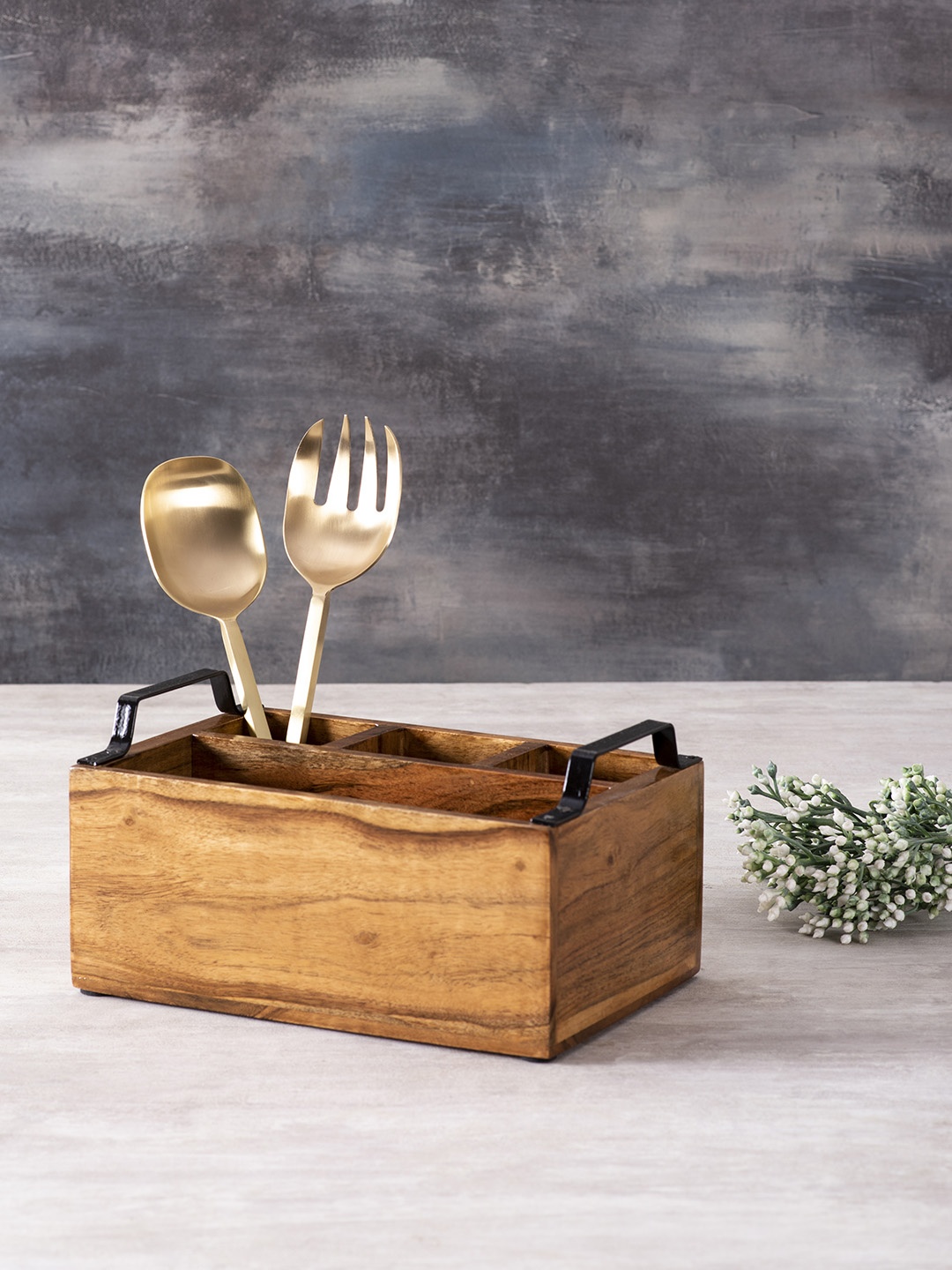 

nestroots Brown & Black Wood Cutlery Holder 4 Section with Gold Tone Salad Servers
