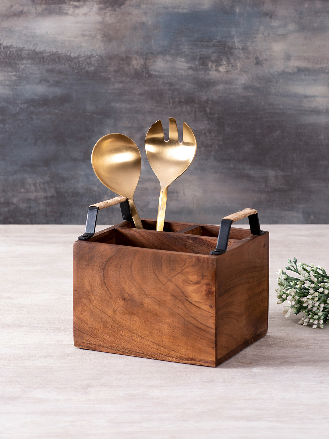 

nestroots Brown Solid Wooden Cutlery Stand & 2 Serving Spoons