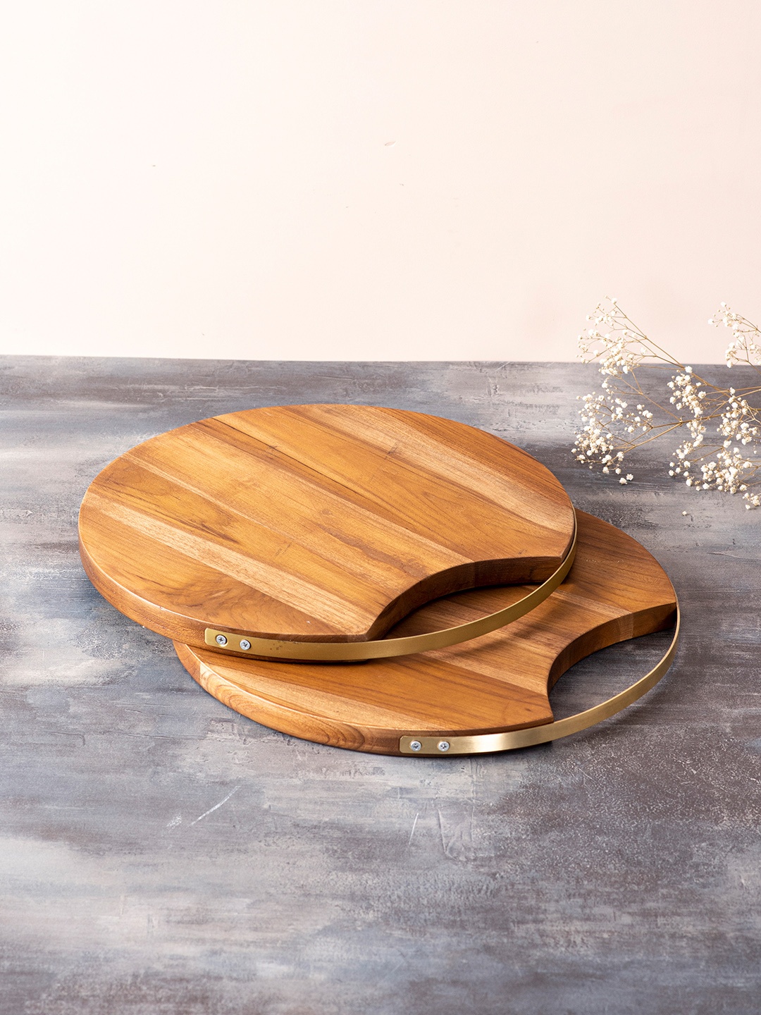 

nestroots Brown & Gold Set of 2 Round Teak Wood Serving Platter