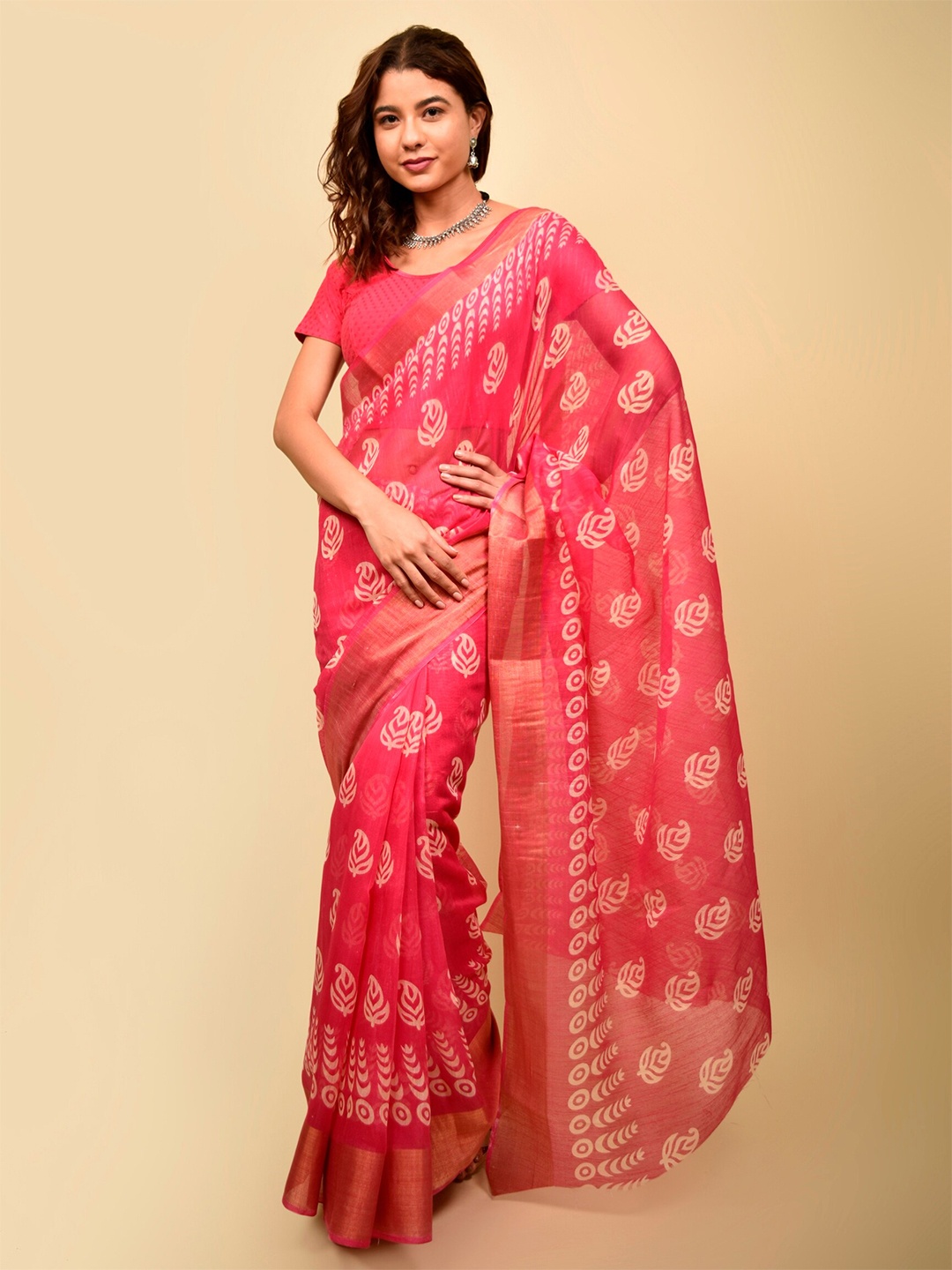 

Indi INSIDE Pink & White Ethnic Motifs Printed Zari Saree