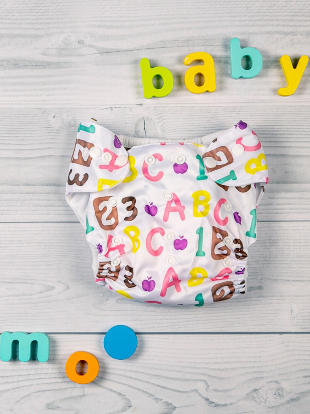 

Baby Moo Multicoloured Alphabets & Numbers Printed Adjustable & Washable Diaper, Multi