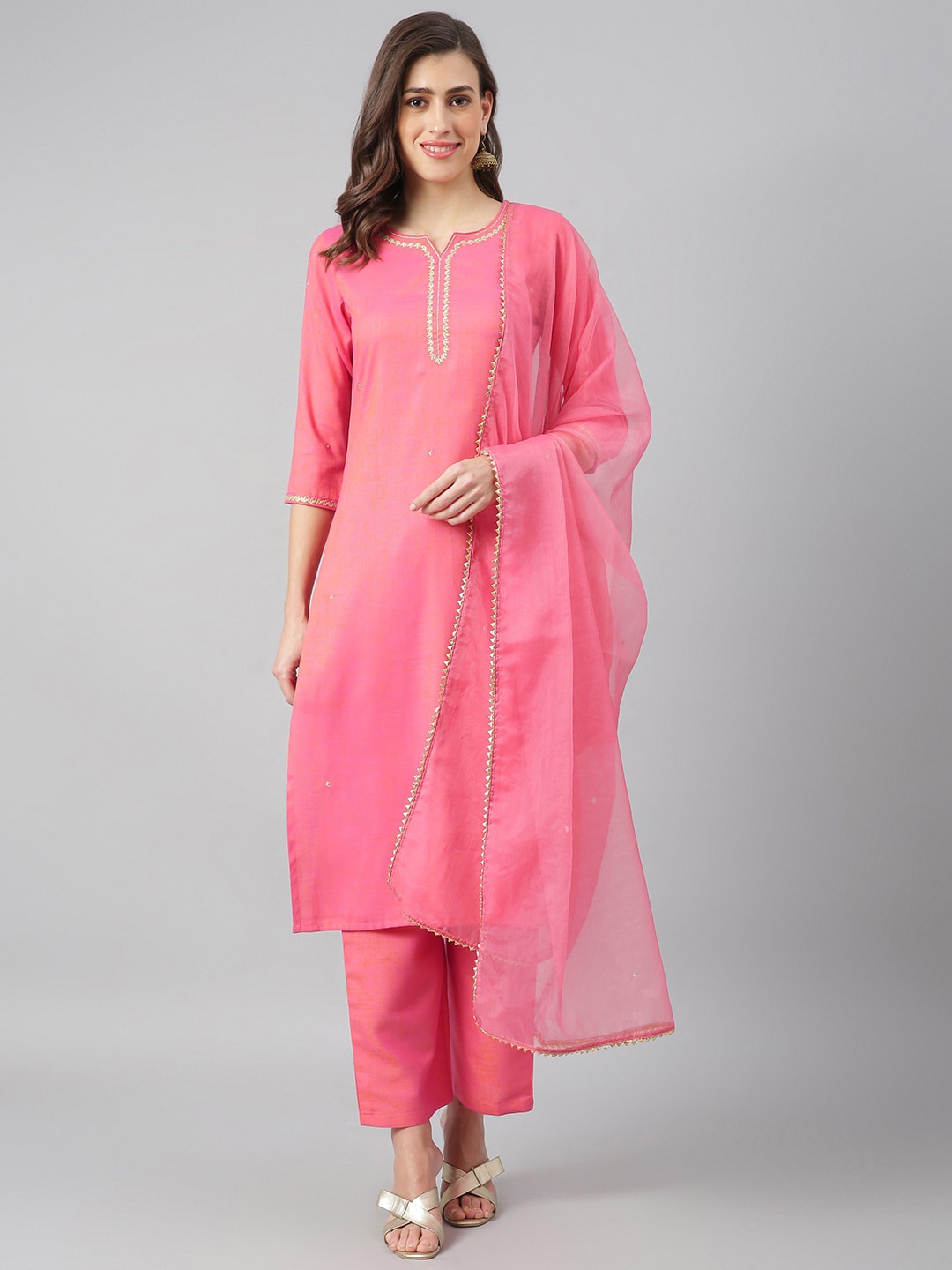 

Azira Women Pink Panelled Embroidered Kurta with Trousers & With Dupatta