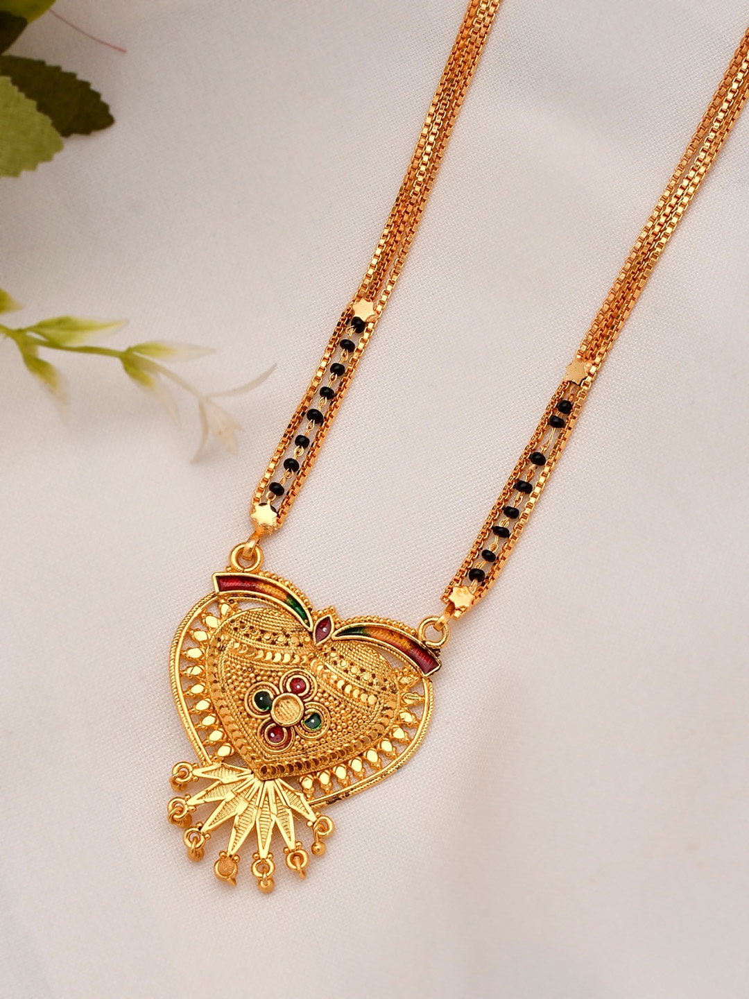 

Silvermerc Designs Gold-Plated Black Beaded Red & Green Stone-Studded Mangalsutra
