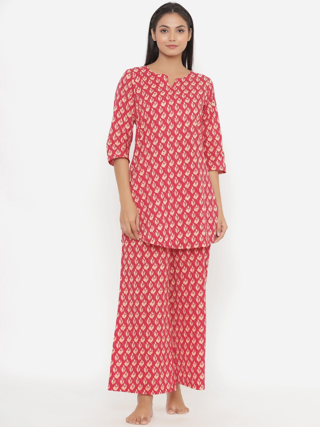 

JISORA Women Red & White Pure Cotton Printed Night suit