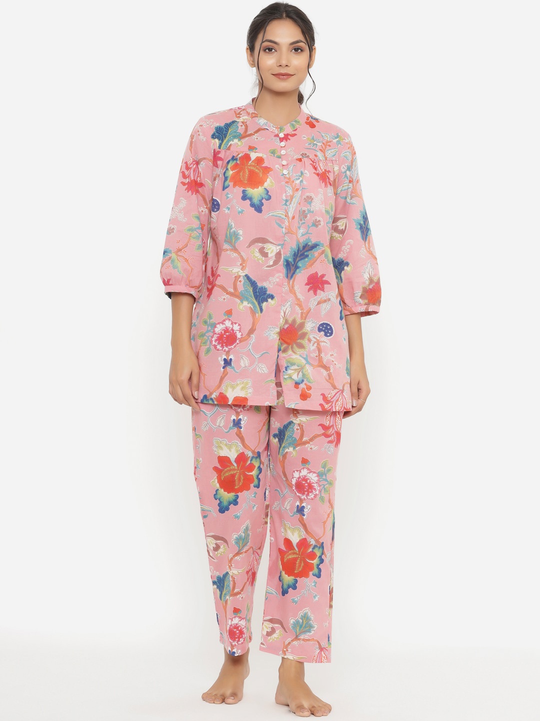 

JISORA Women Pink & Blue Printed Pure Cotton Night suit
