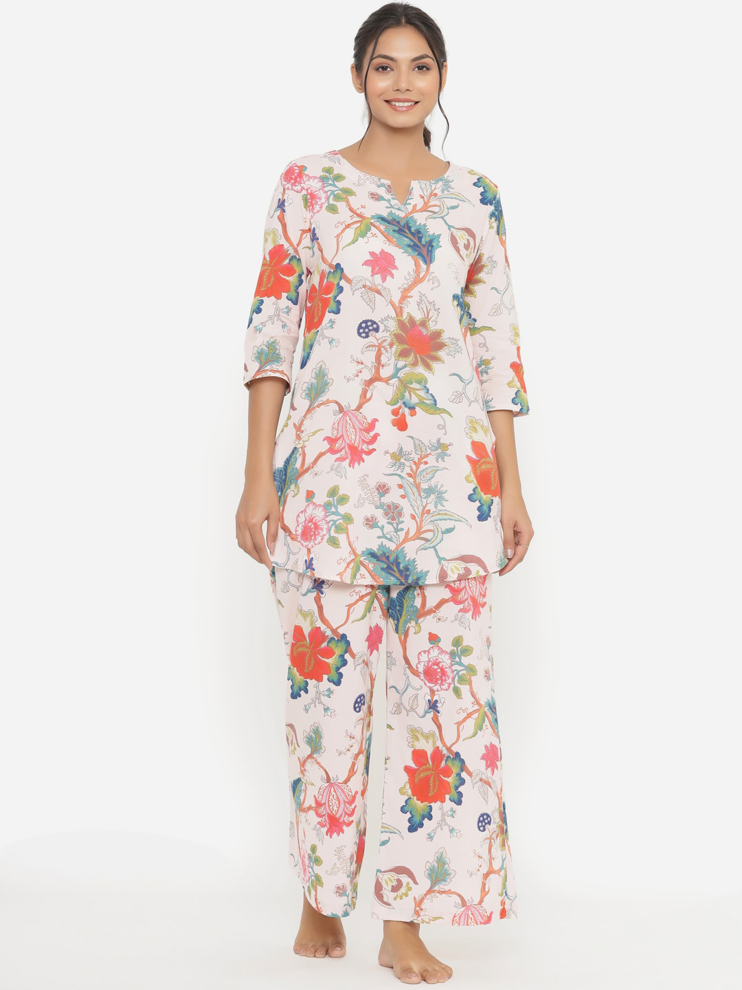 

JISORA Women White & Orange Printed Pure Cotton Night suit