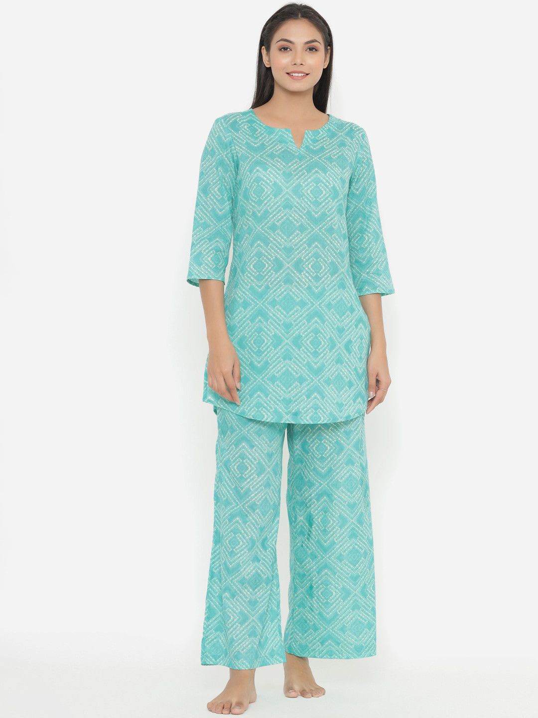 

JISORA Women Green Printed Pure Cotton Night suit