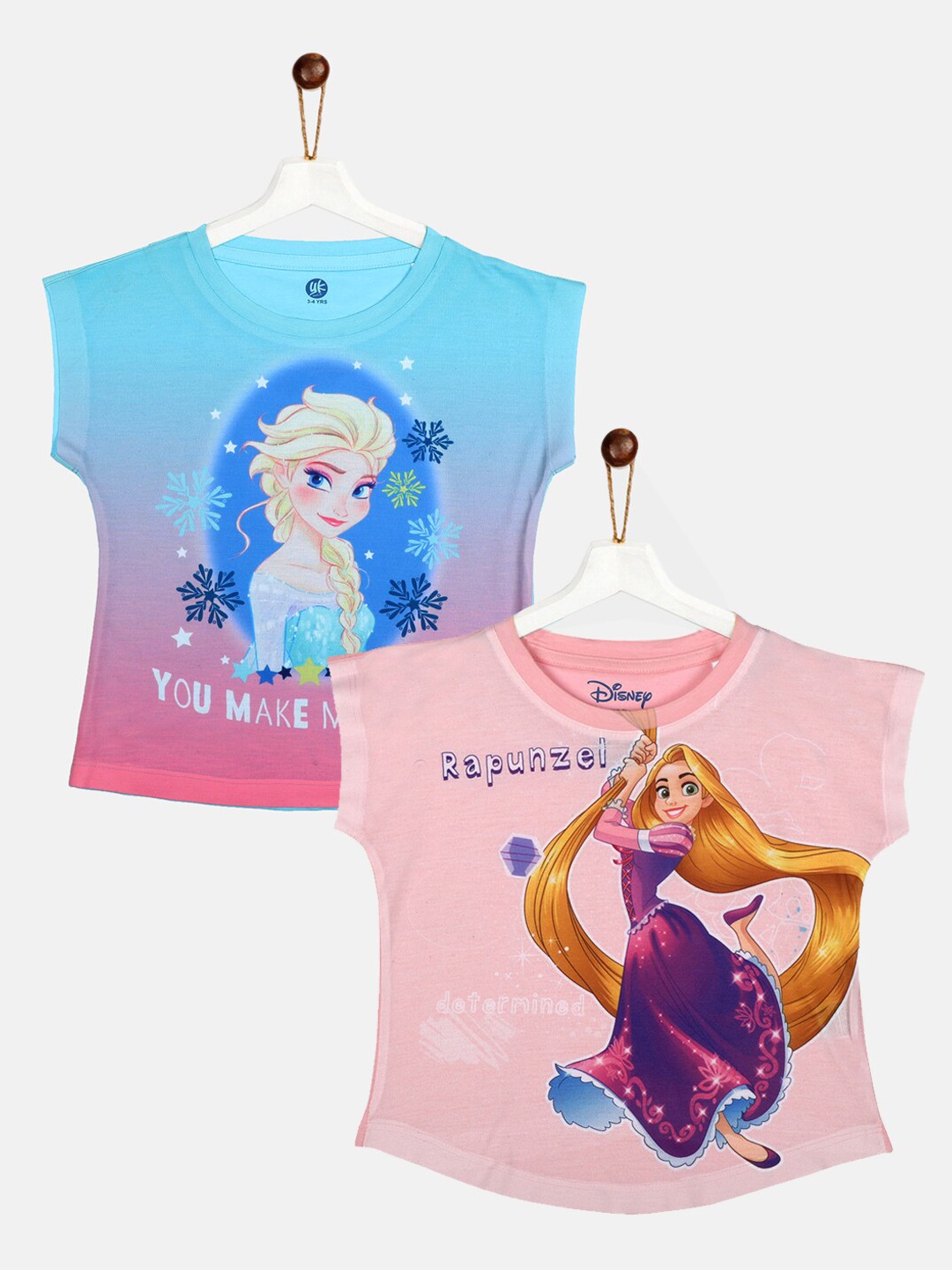 

YK Disney Blue & Pink Pack of 2 Elsa & Rapunzel Print Extended Sleeves Top