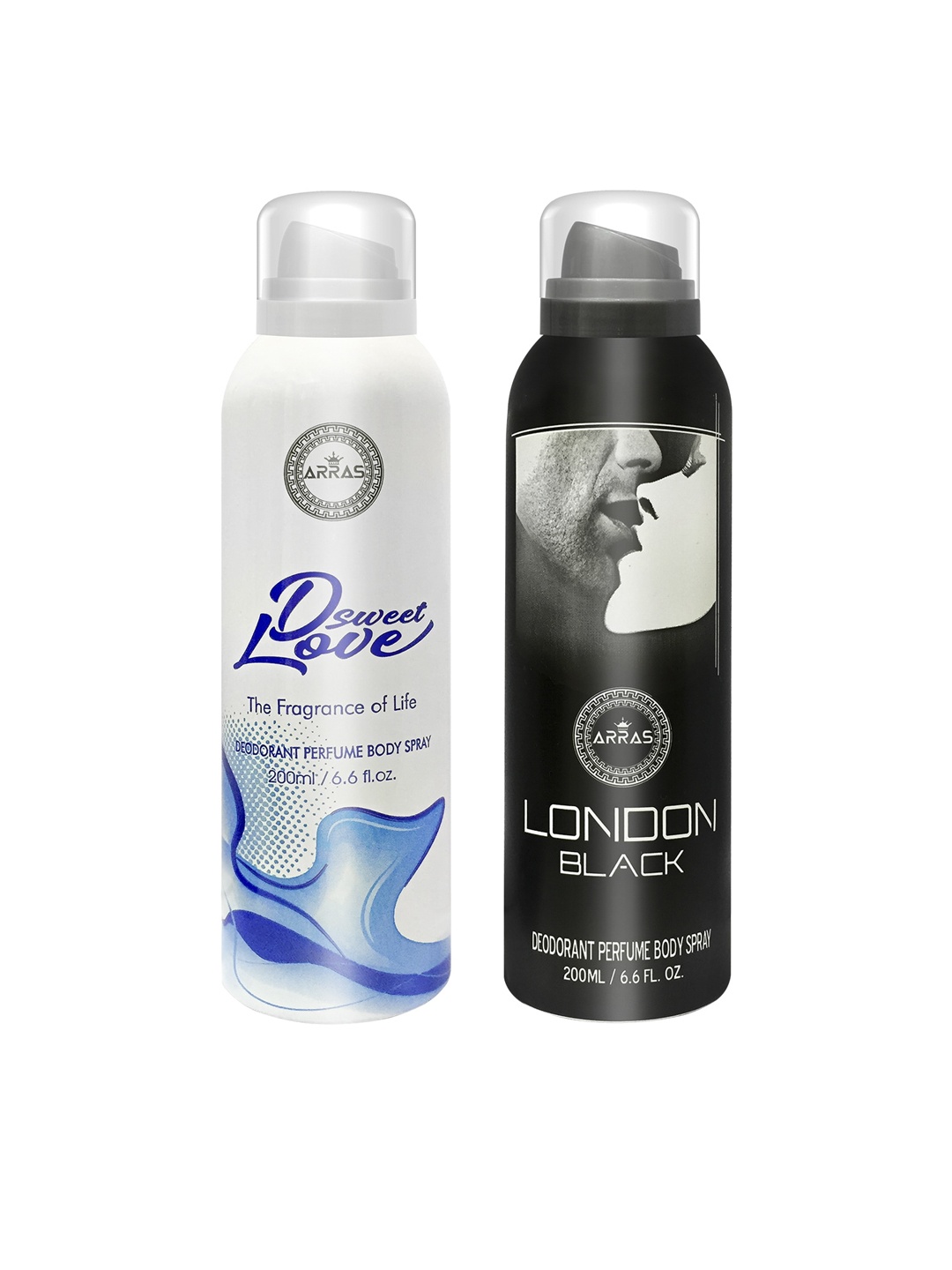 

Arras Pack of 2 D Sweet Love Blue & London Black Deodorant Body Spray-200ml Each, White