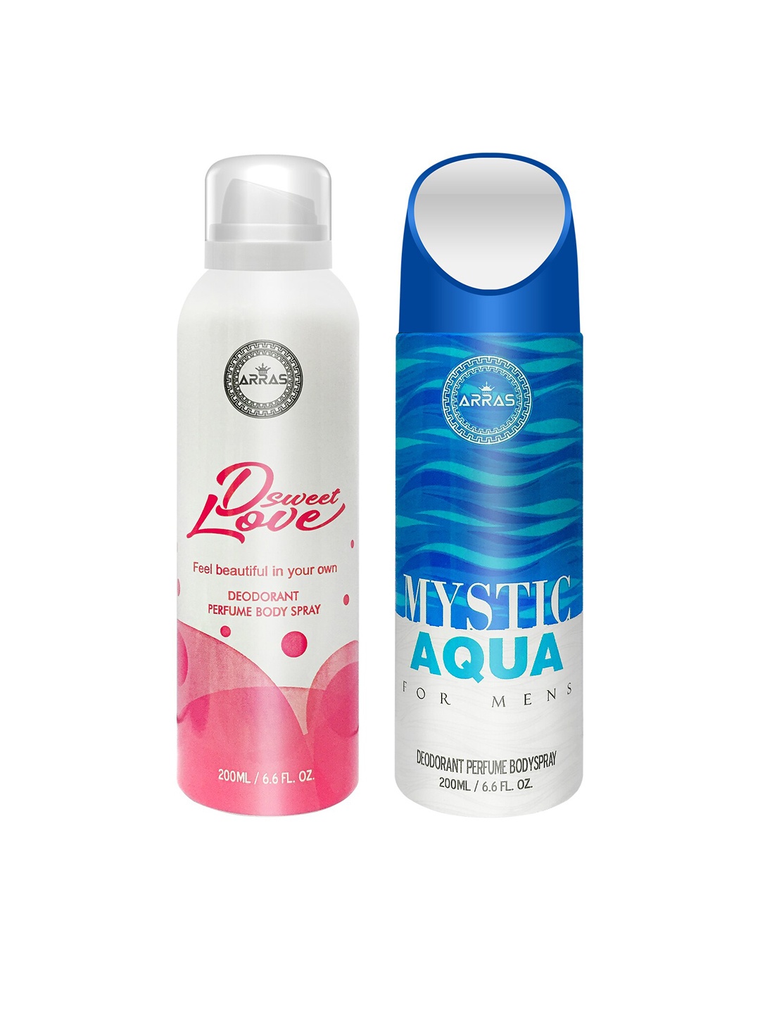 

Arras Set Of 2 White D Sweet Love Pink & Mystic Aqua Deodorant Body Spray- 400 ml