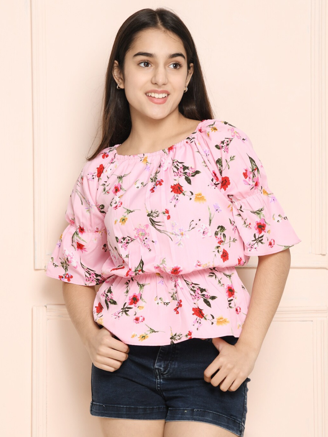 

LilPicks Girls Pink Floral Print Cinched Waist Top