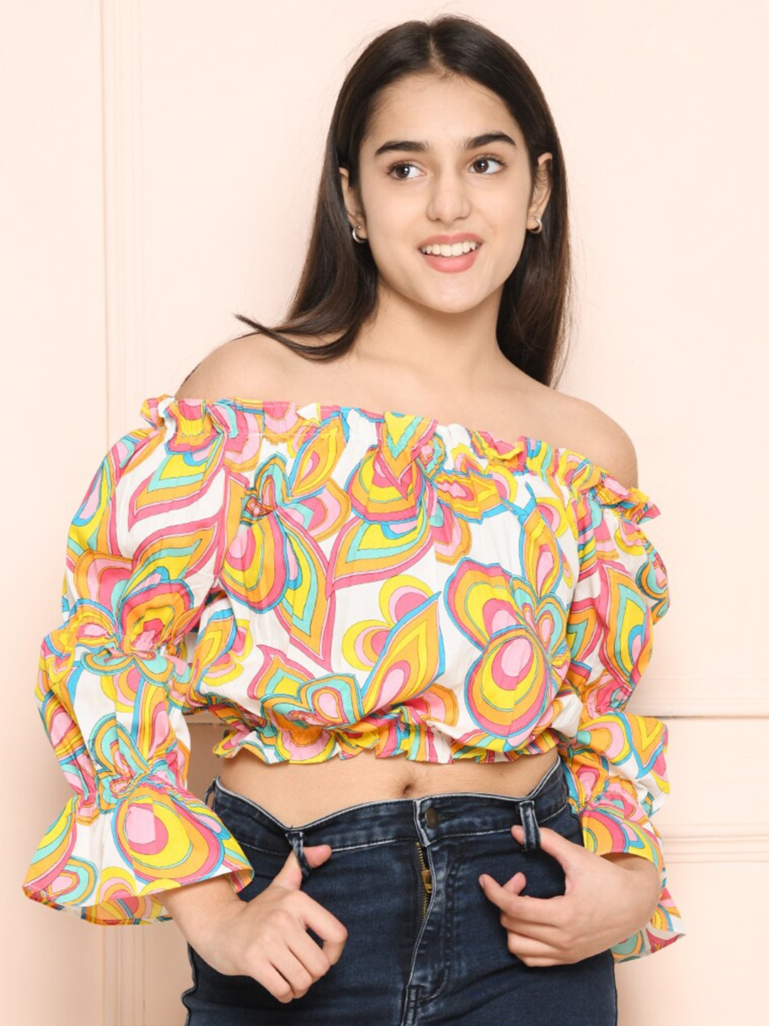 

LilPicks Girls Yellow & Pink Print Off-Shoulder Ruffles Bardot Pure Cotton Crop Top