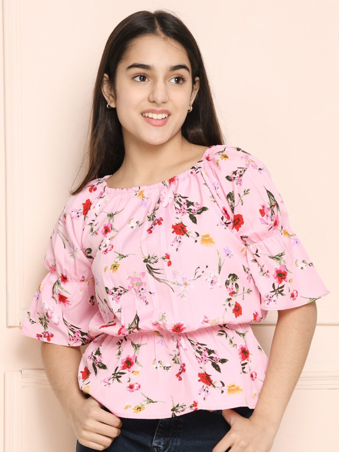 

LilPicks Girls Pink Floral Print Crepe Cinched Waist Top