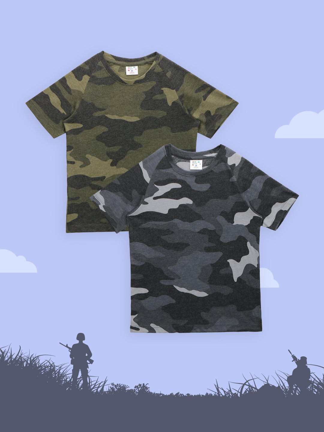 

LilPicks Boys Green Camouflage 2 Printed V-Neck Pockets T-shirt