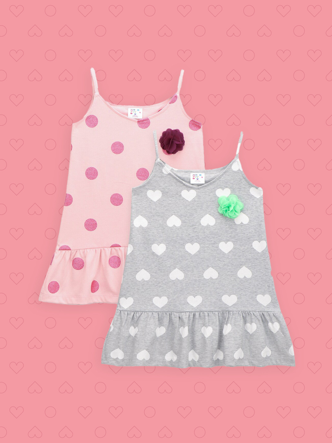 

LilPicks Girls Pack Of 2 Printed Applique Pure Cotton Peplum Tops, Pink