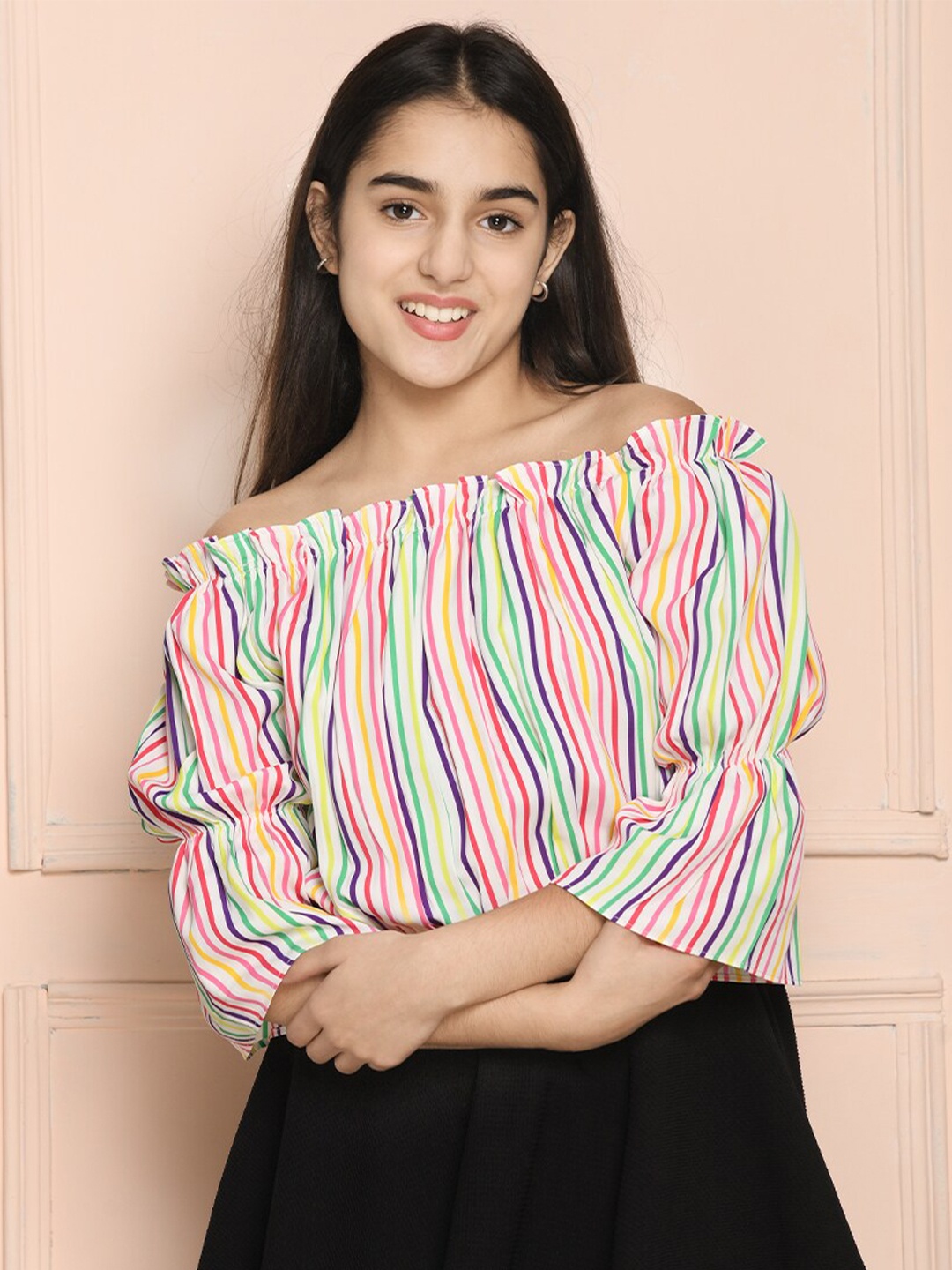 

LilPicks Multicoloured Striped Off-Shoulder Crepe Bardot Crop Top, Multi