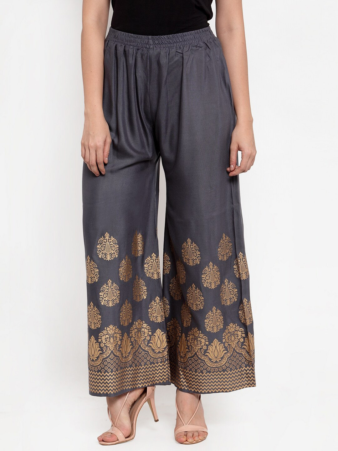 

Jompers Women Grey & Gold-Toned Floral Printed Ethnic Palazzos