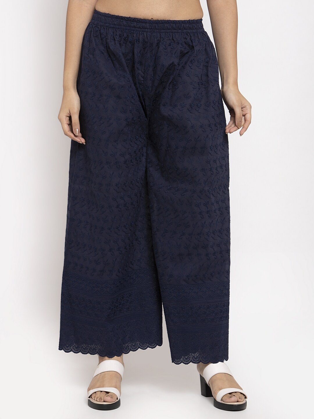 

Jompers Women Navy Blue Floral Embroidered Pure Cotton Palazzos