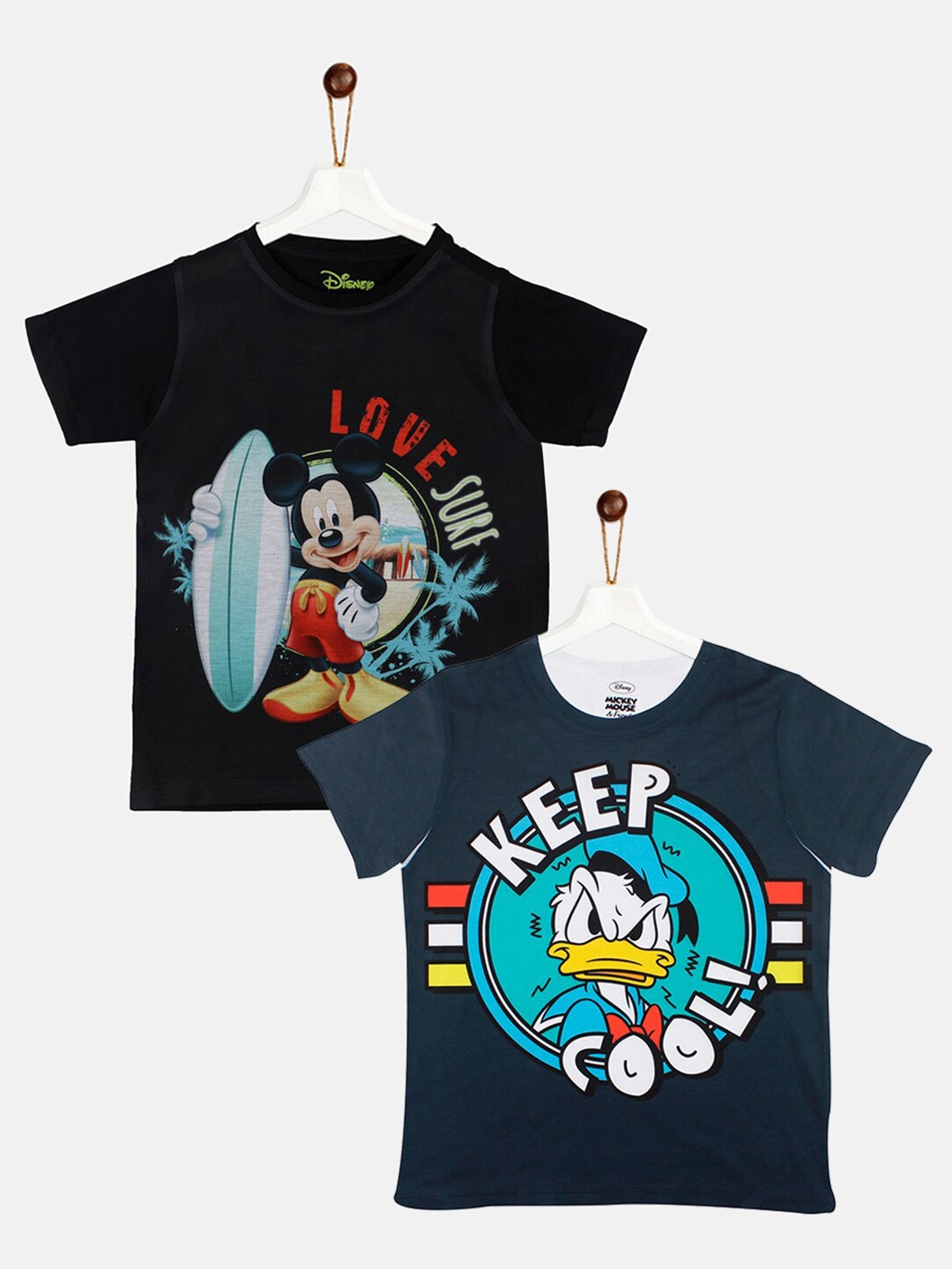 

YK Disney Boys Pack of 2 Black & Navy Blue Mickey and Donald Printed T-shirt