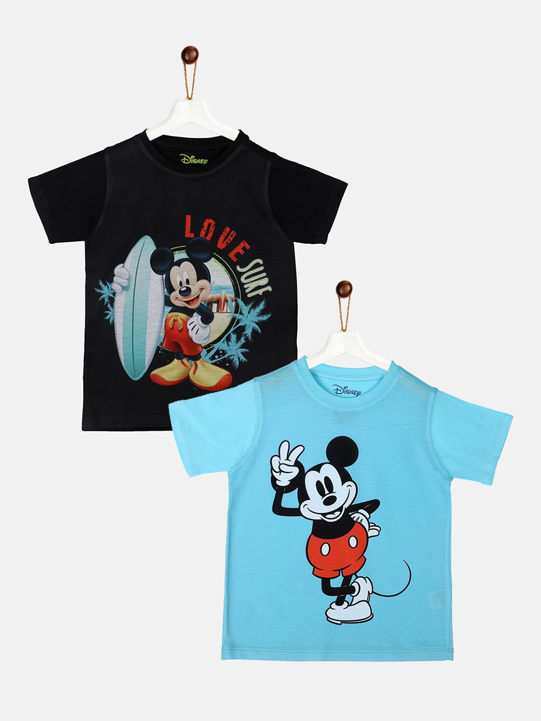 

YK Disney Boys Pack of 2 Black & Sky Blue Mickey Mouse Printed T-shirt