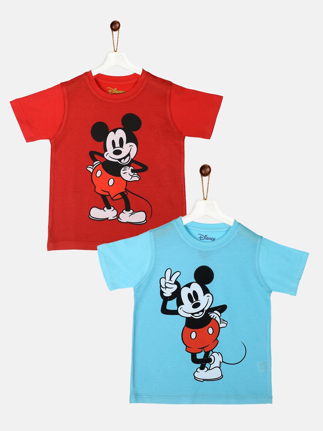 

YK Disney Boys Pack of 2 Red & Sky Blue Mickey Mouse Printed T-shirt