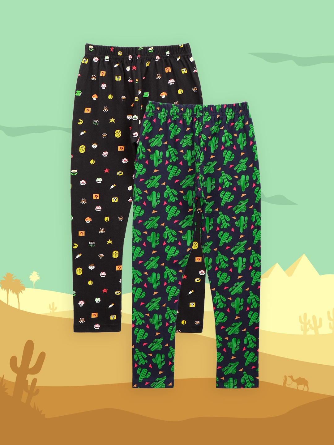 

LilPicks Girls Pack Of 2 Printed Ankle-Length Cotton Leggings, Black