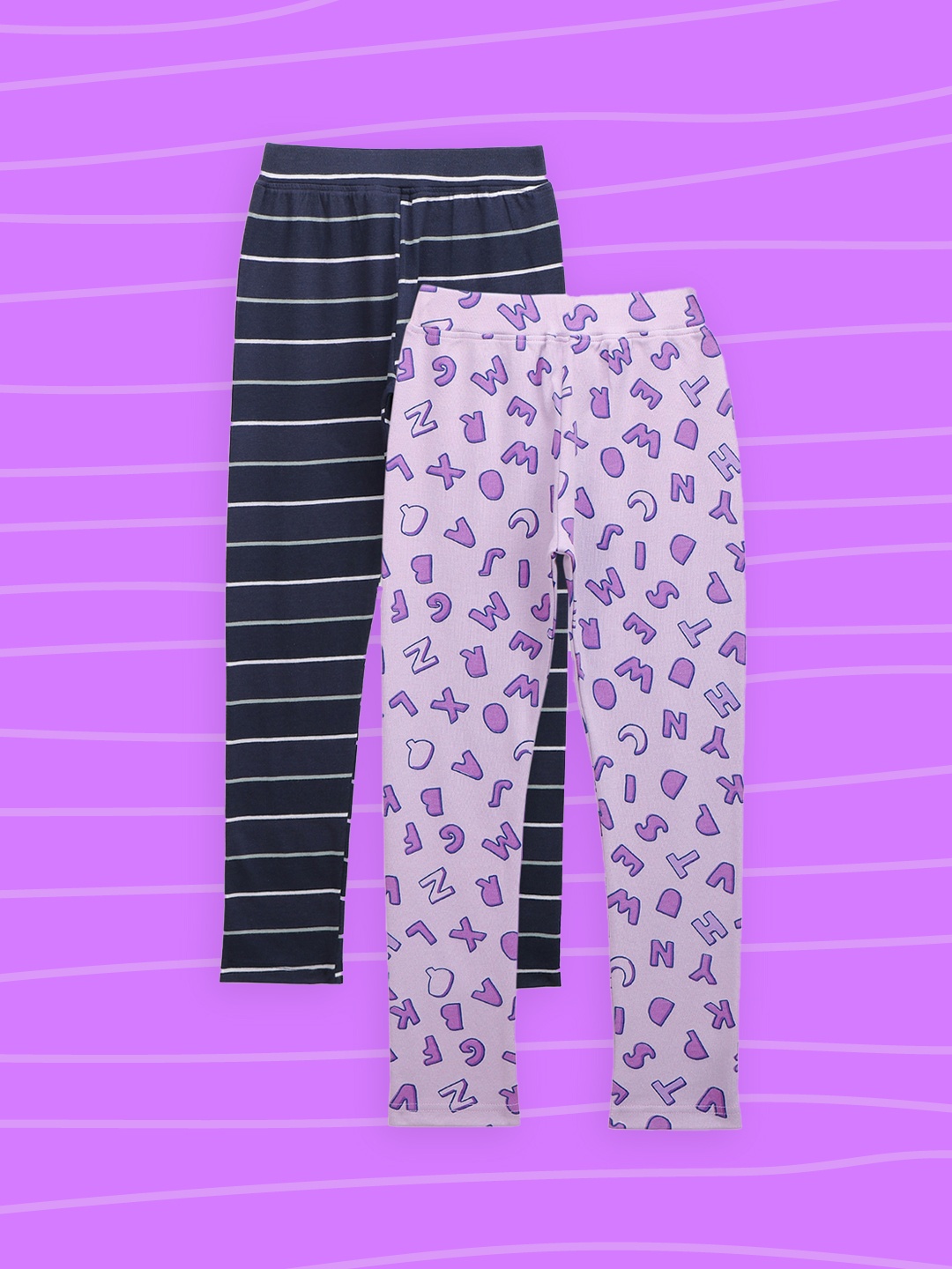 

LilPicks Girls Lavender & Navy Blue Pack Of 2 Printed Cotton Ankle-Length Leggings