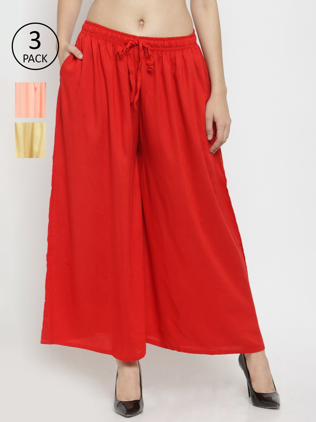 

Clora Creation Women Pack of 3 Peach-Coloured & Red Knitted Palazzos
