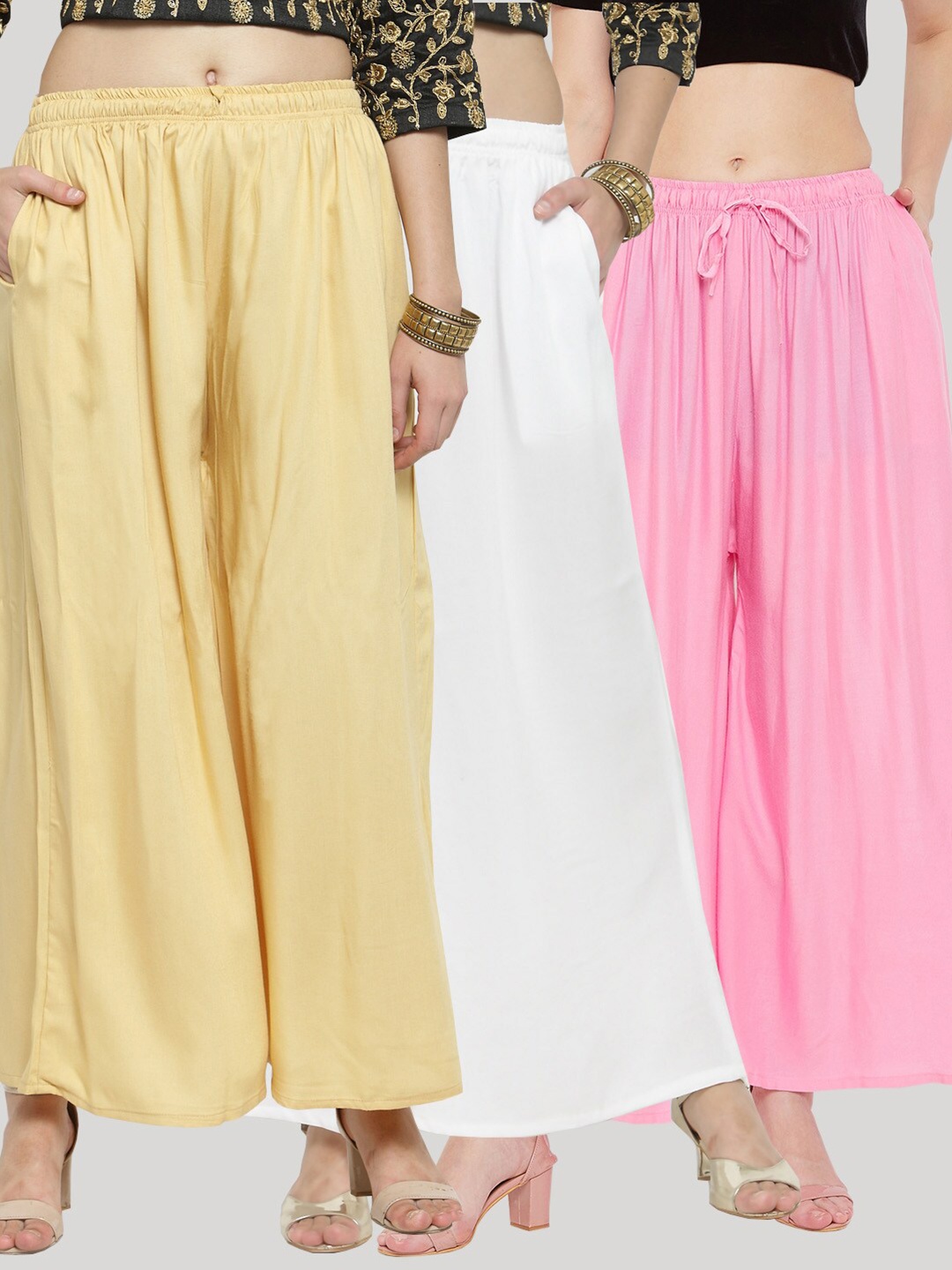 

Clora Creation Women Pink & White Pack Of 3 Flared Knitted Palazzos
