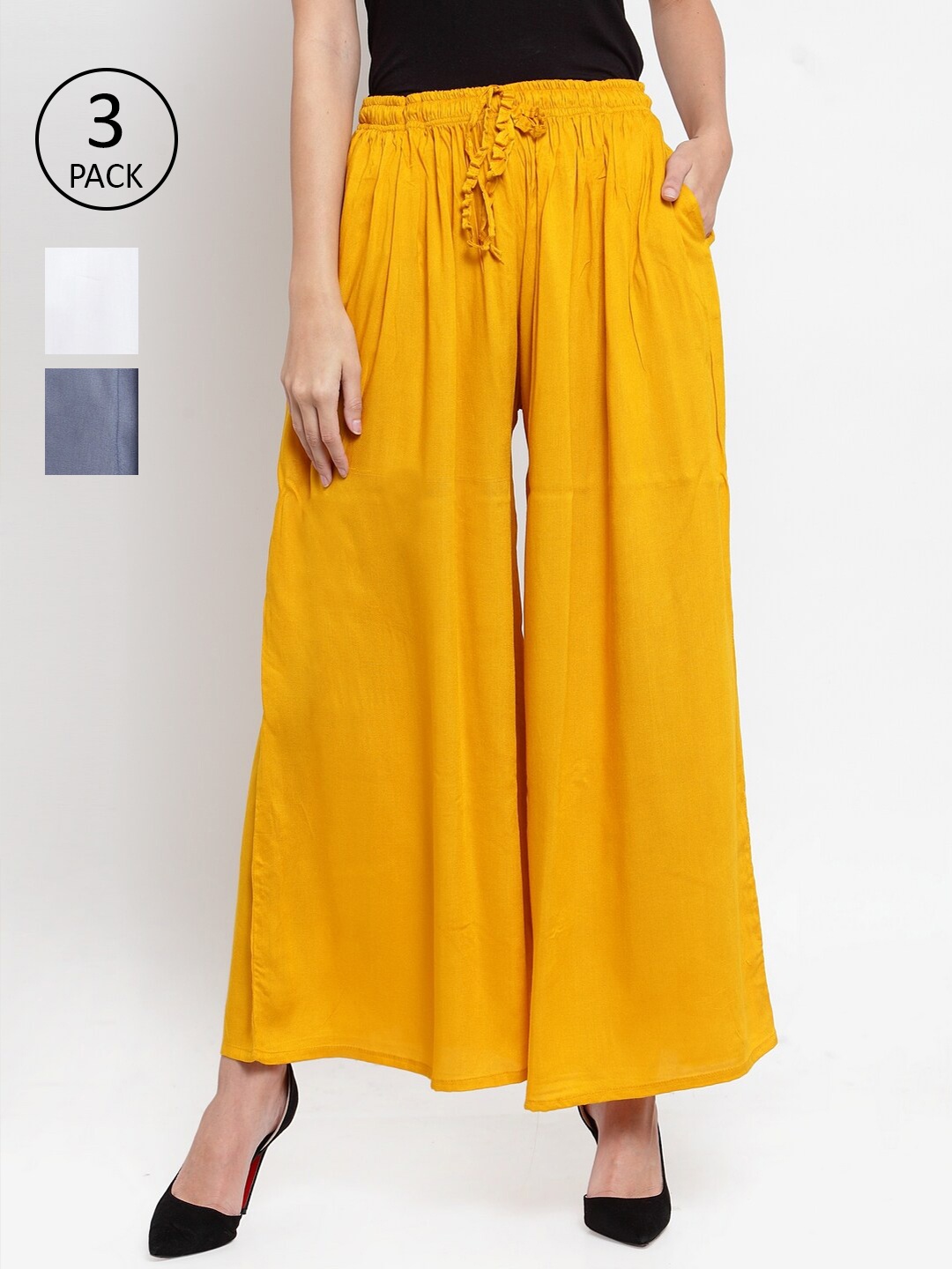 

Clora Creation Women Pack Of 3 Knitted Palazzos, Yellow