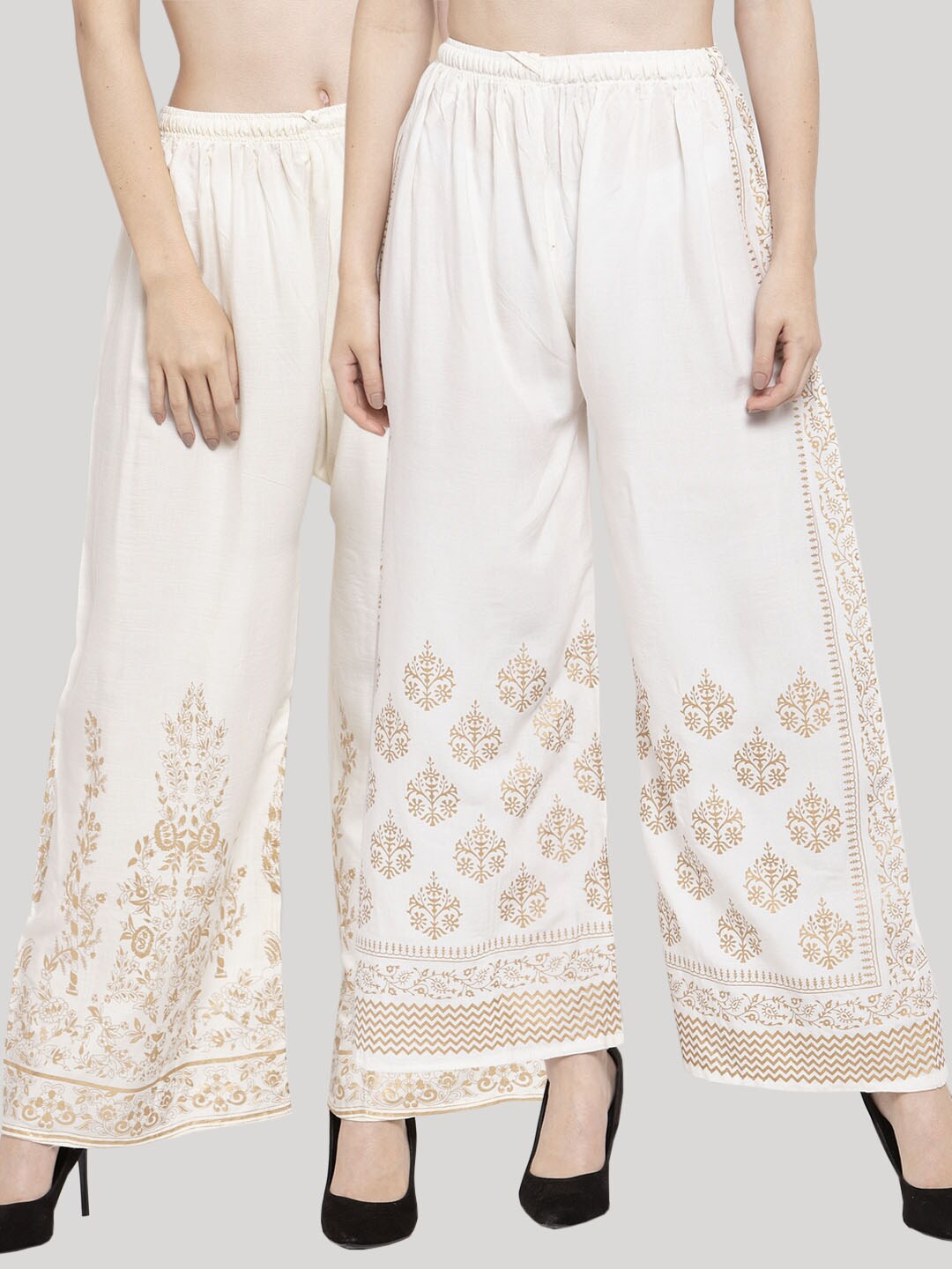 

Clora Creation Set Of 2 Women White & Gold-Toned Floral Printed Knitted Palazzos