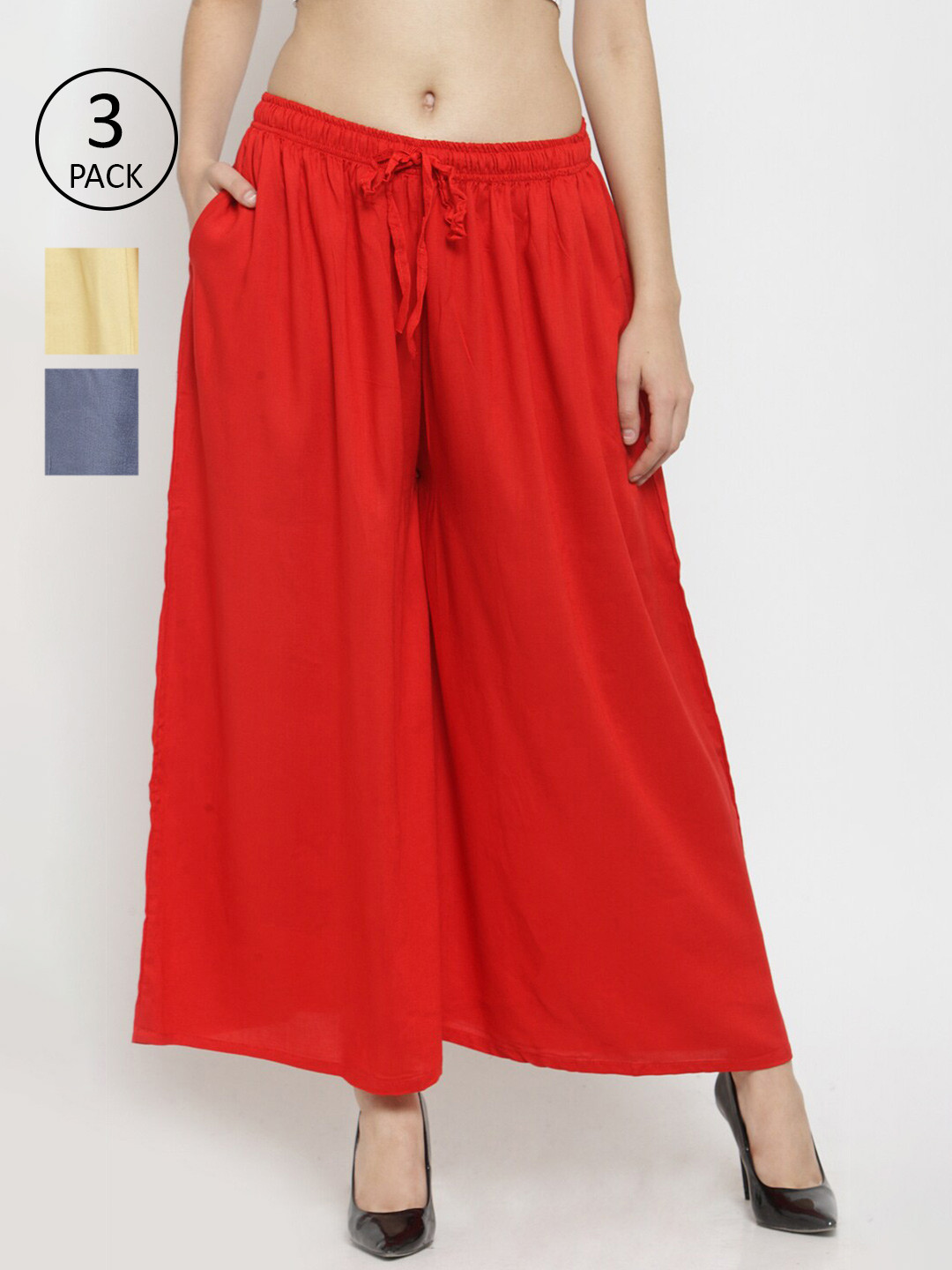 

Clora Creation Women Pack Of 3 Red & Beige Knitted Palazzos