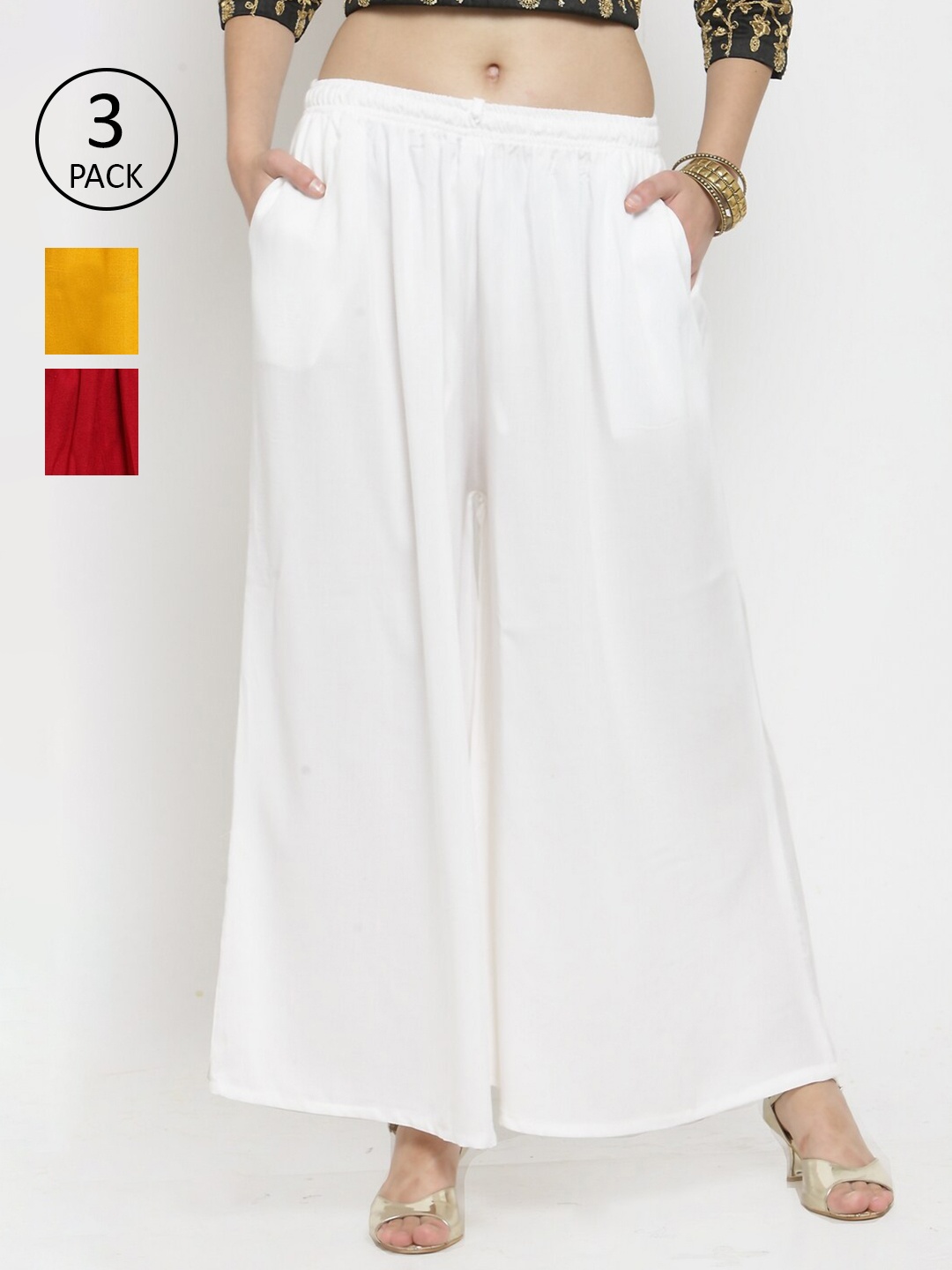 

Clora Creation Women Pack Of 3 Solid Wide Leg Palazzos, White