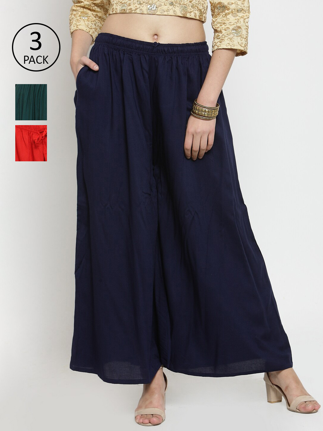 

Clora Creation Set Of 3 Women Navy Blue & Red Palazzos