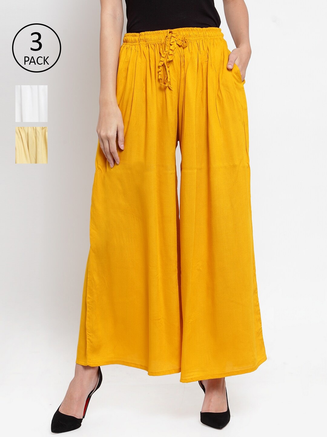 

Clora Creation Women Pack Of 3 Off White & Mustard Yellow Knitted Ethnic Palazzos