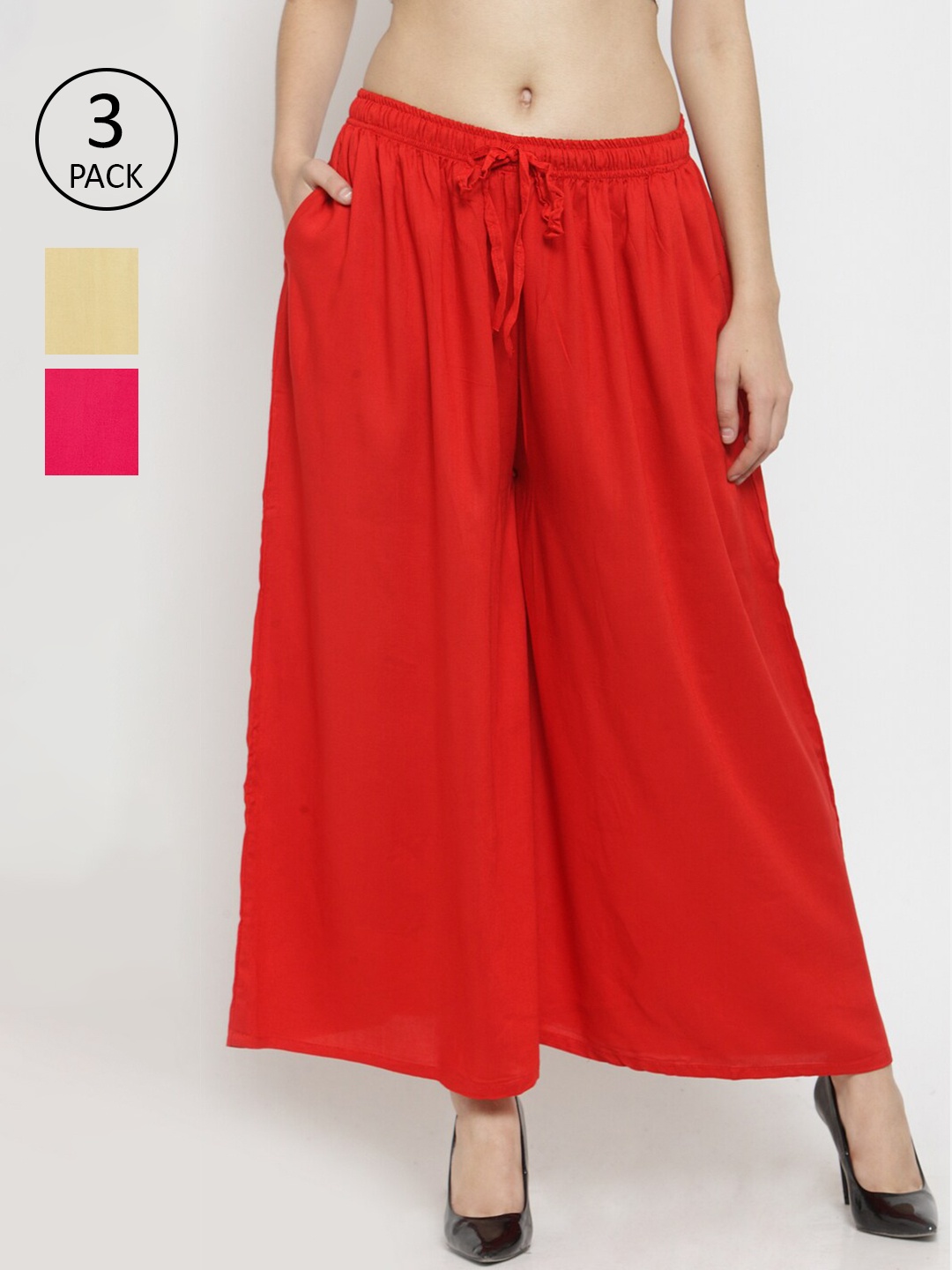 

Clora Creation Women Pack Of 3 Red & Beige Knitted Palazzos