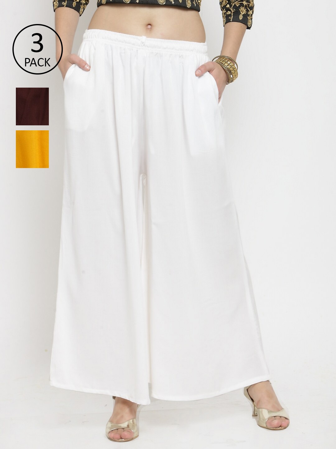 

Clora Creation Women Pack Of 3 White & Yellow Knitted Ethnic Palazzos