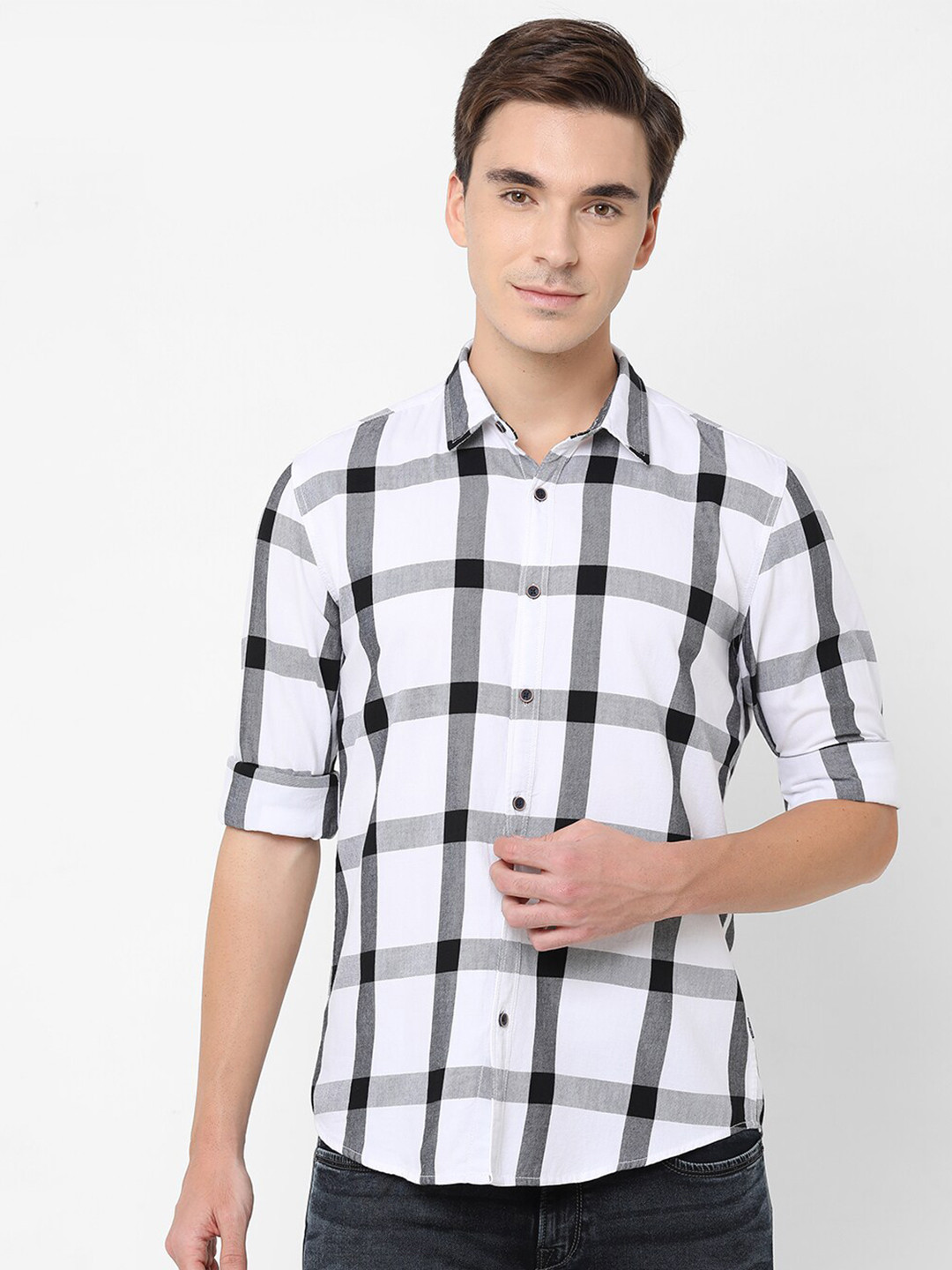 

Pepe Jeans Men White Windowpane Checks Checked Pure Cotton Casual Shirt