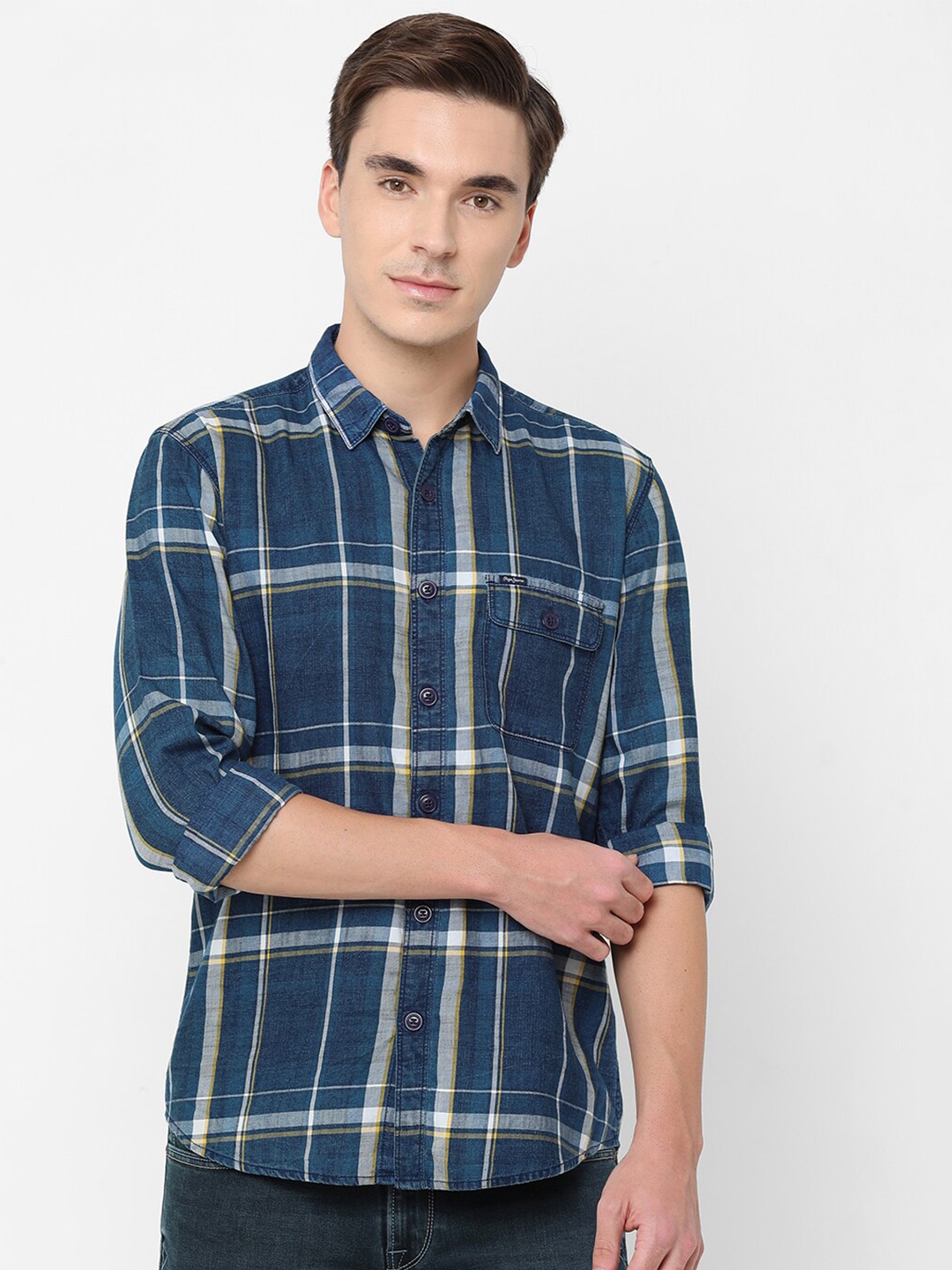 

Pepe Jeans Men Navy Blue Checked Pure Cotton Casual Shirt