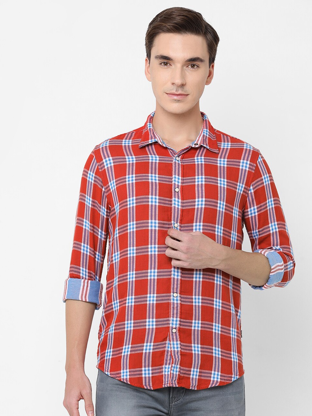 

Pepe Jeans Men Red Tartan Checks Checked Cotton Casual Shirt