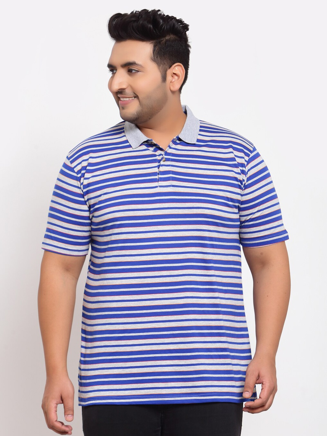 

plusS Men Blue & Grey Striped Pure Cotton T-shirt