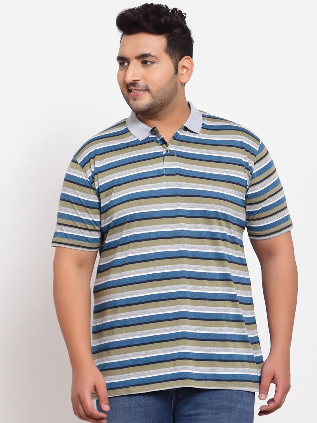 

plusS Men Multicoloured Striped Polo Collar T-shirt, Multi